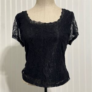 NWOT VTG Y2K Self Esteem Black Lace Square Neck Crop Top‎ Cap Sleeve Size XL